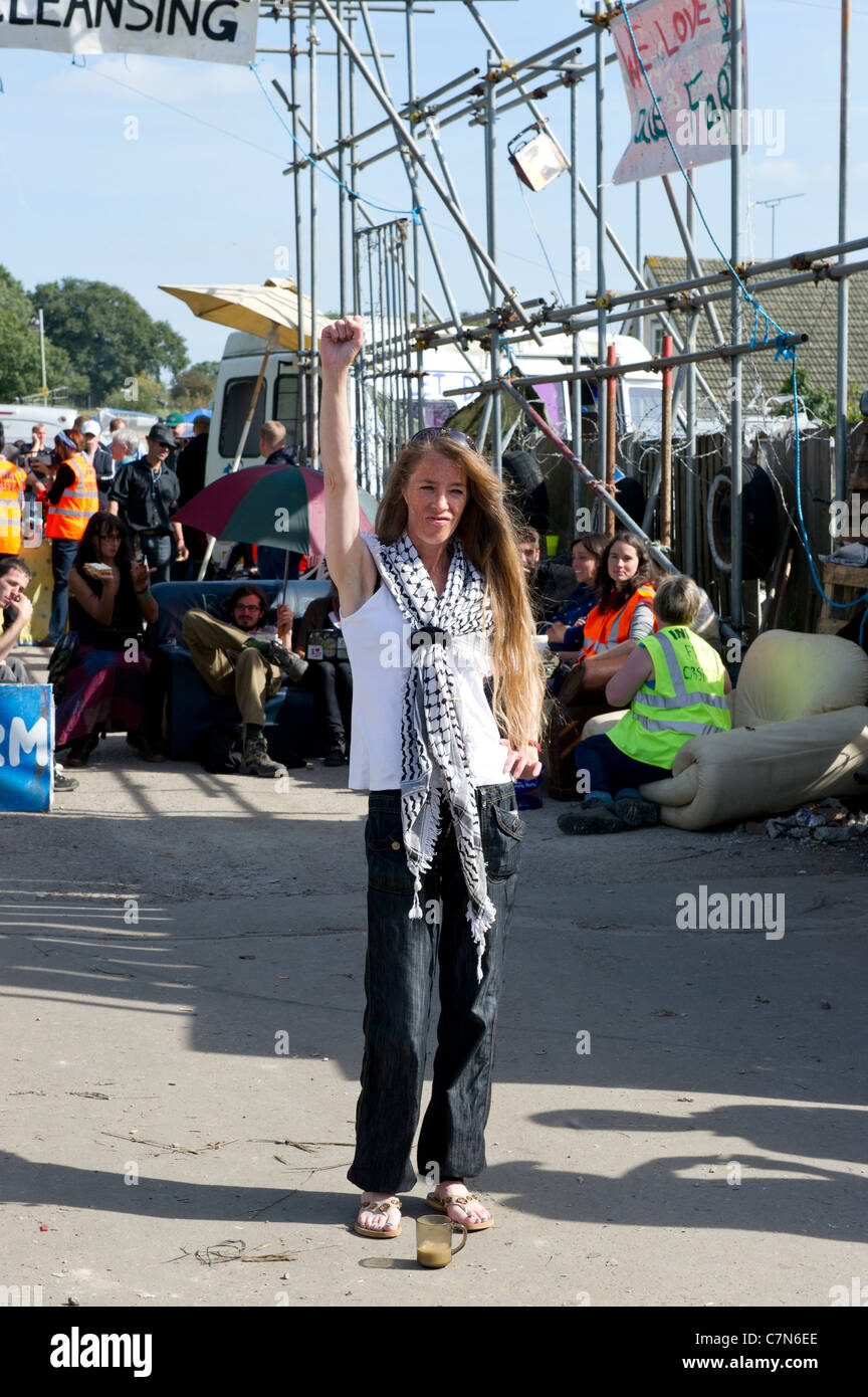 Dale Farm eviction. Female protester celebrates at new that High Court has temporarily halted the planned eviction of gypsy site Stock Photo