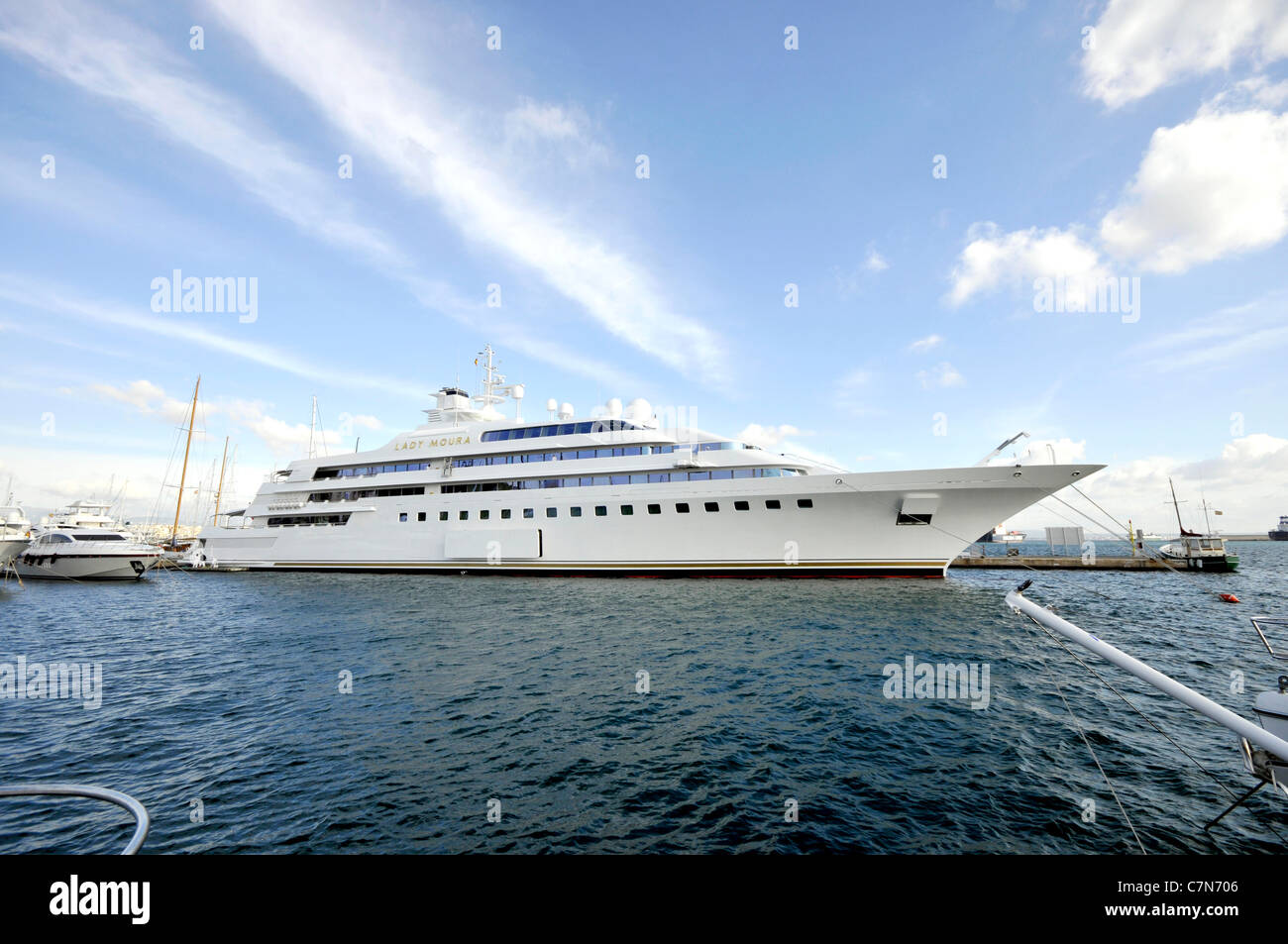 Luxury yacht Lady Moura at Porto di Centro, main harbour in Palma, Palme de Mallorca, Balearic Islands, Spain, Europe Stock Photo