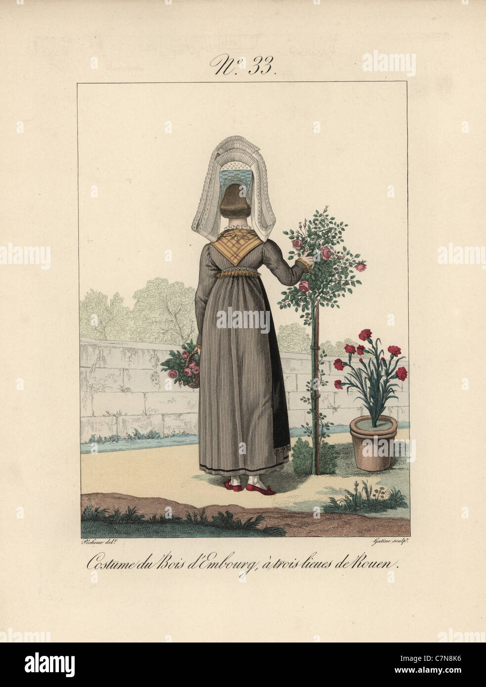 Costume of Bois d'Embourg. Rear view of the tall bavolet bonnet with lace tails. Stock Photo