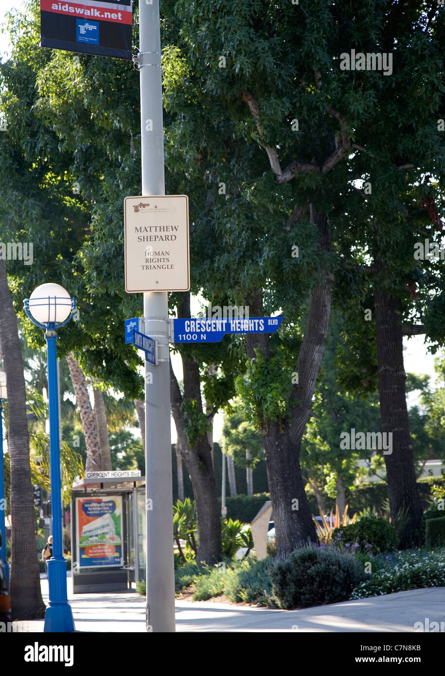Matthew Shepard Human rights Triangle Sign on Santa Monica Bl in LA - Stock Photo