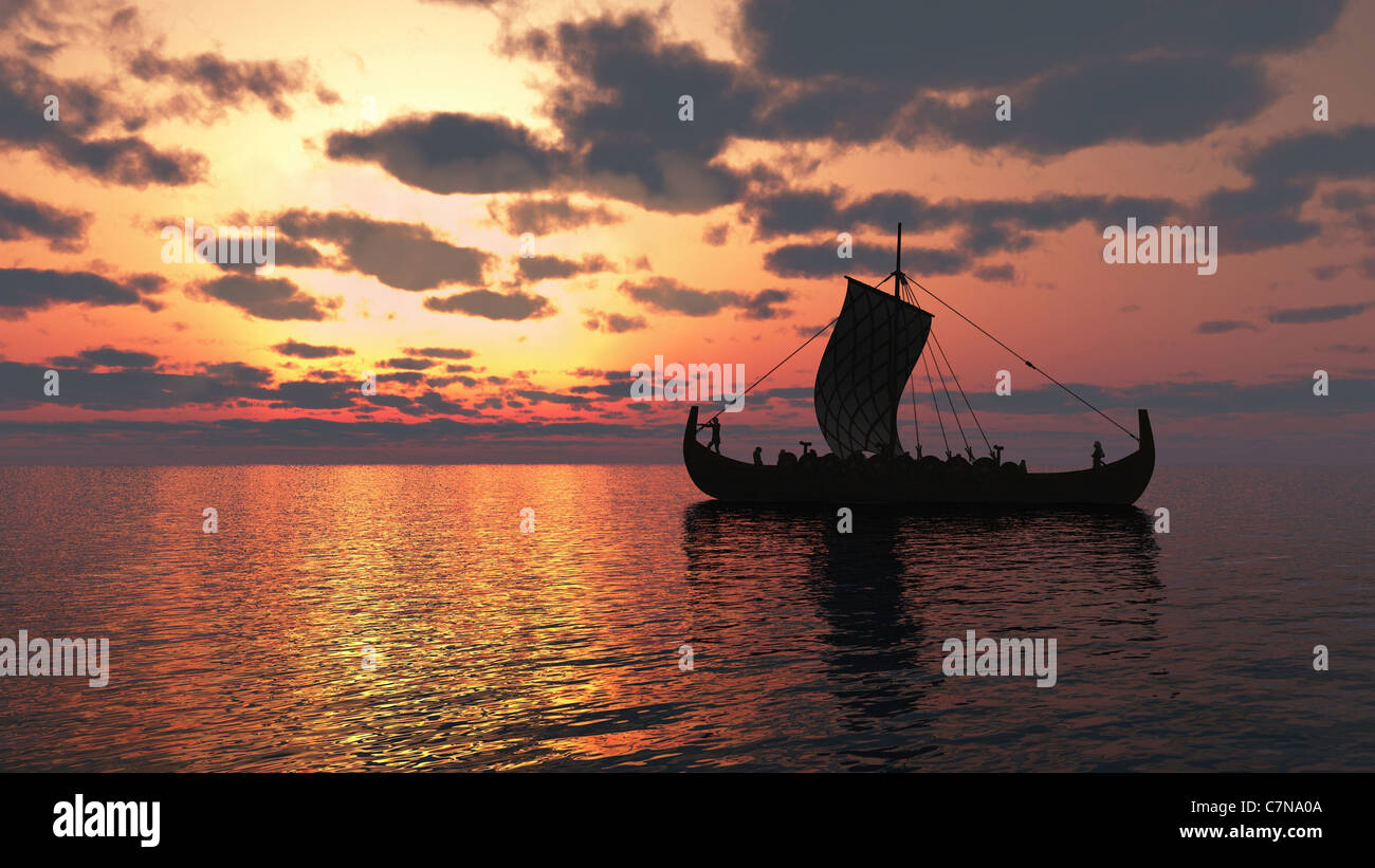 Viking Longship at Sunset Stock Photo