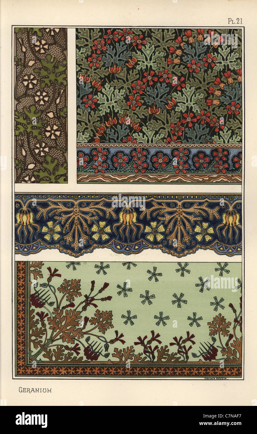 Geranium motif in wallpaper, border and fabric patterns. Stock Photo
