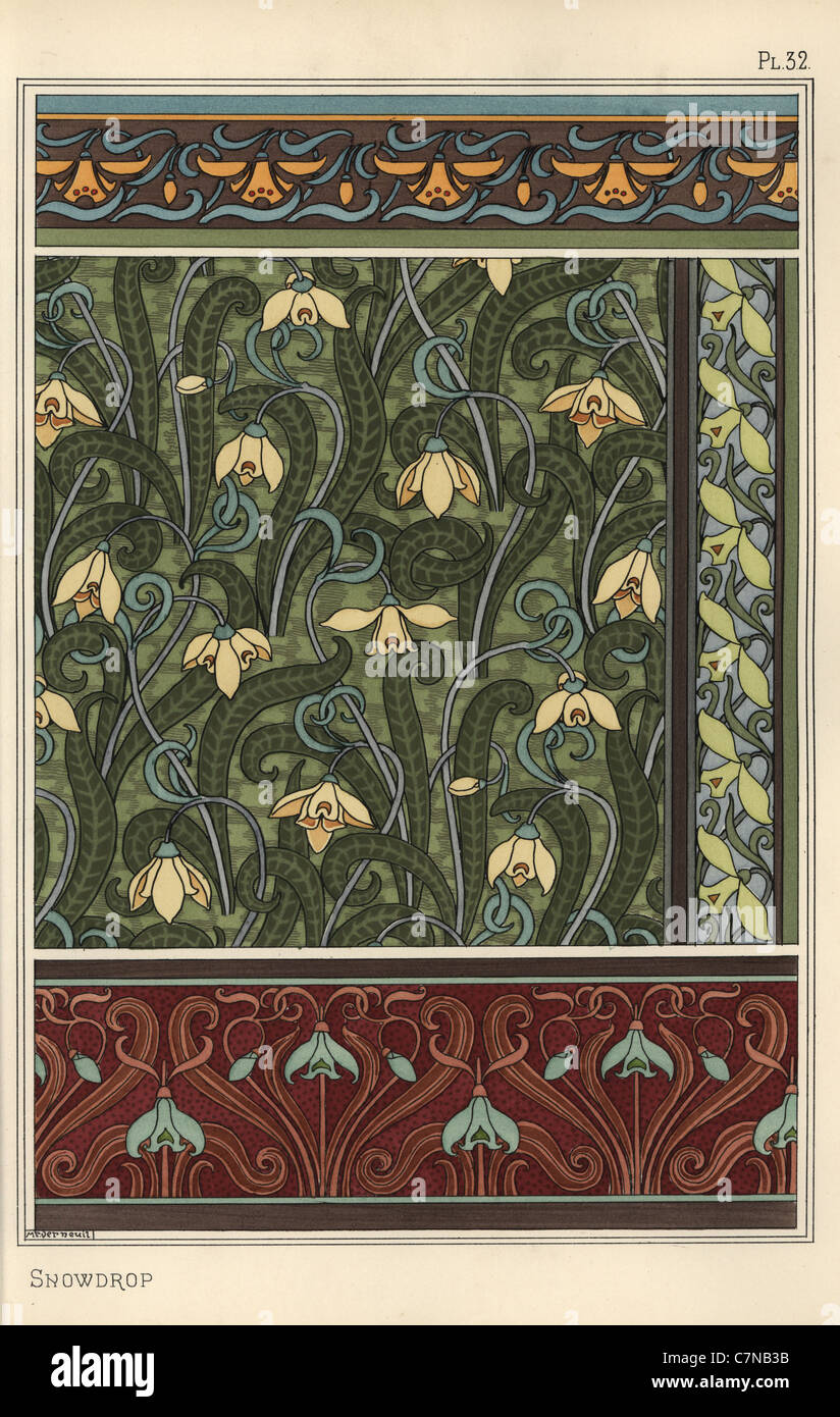 Snowdrop, Galanthus nivalis, as design motif in wallpaper, borders and fabrics. Stock Photo