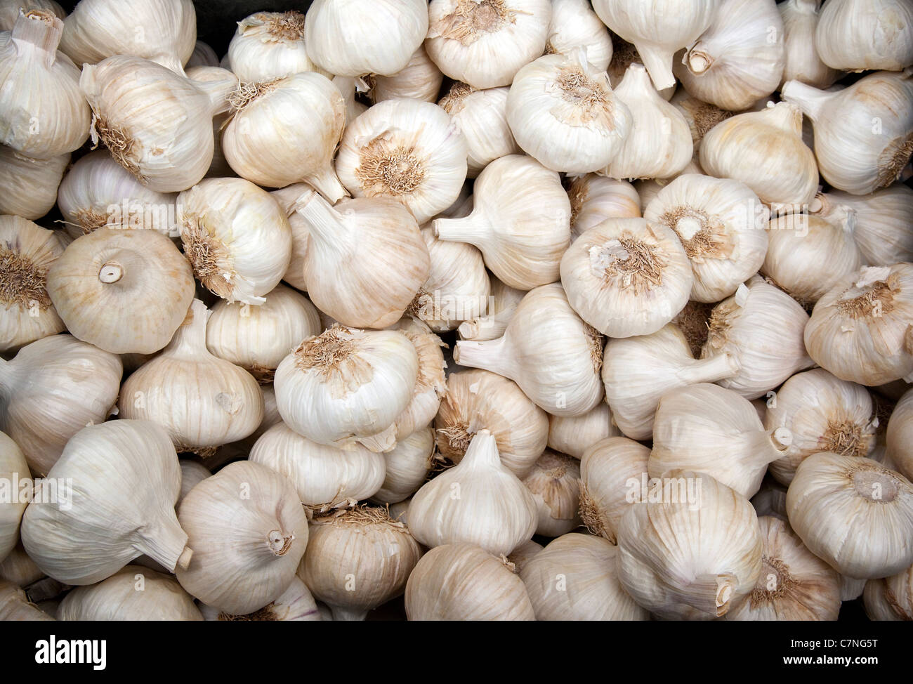 A selection of garlic bulbs on a market stall in southern Spain. Stock Photo