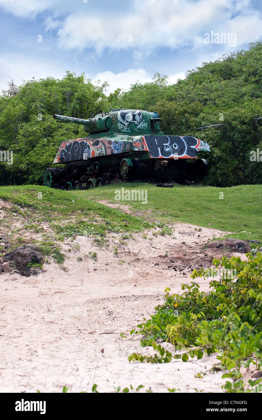 The old rusted and deserted US army tank of Flamenco beach on the Puerto Rican island of Culebra. Stock Photo