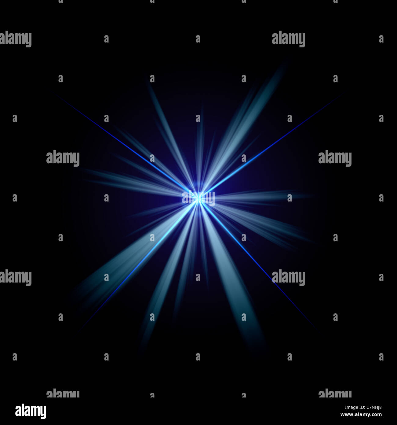 Bright blue flash of light or lens flare burst over a black background