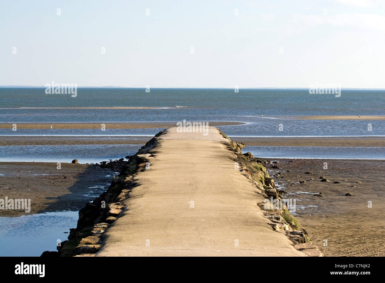 A jetty at the beach extends out into the ocean around low tide Stock