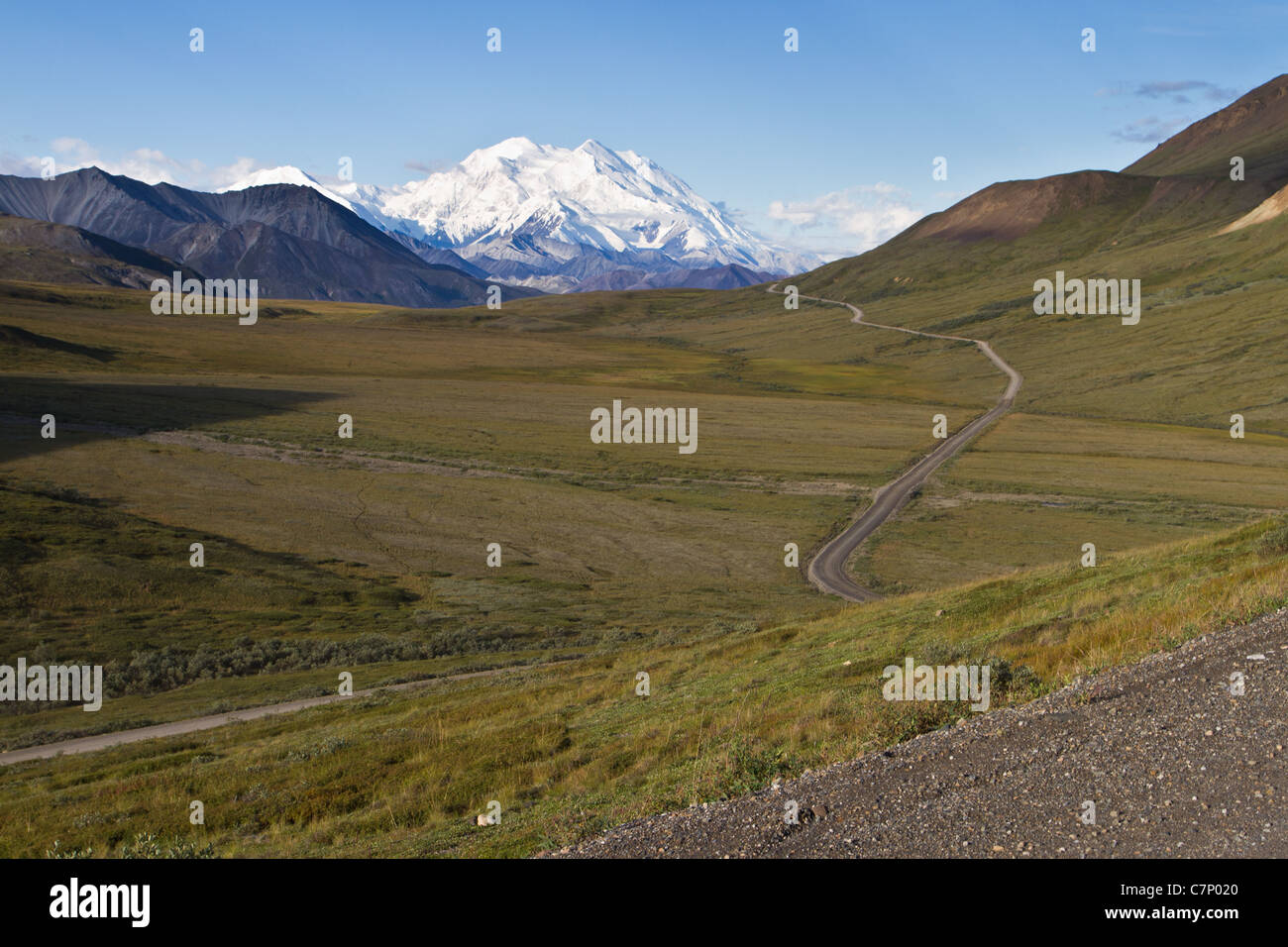 The view of Mt. McKinley (Denali) from the park road at Thoroughfare Pass, Denali National Park, AK, USA. Stock Photo