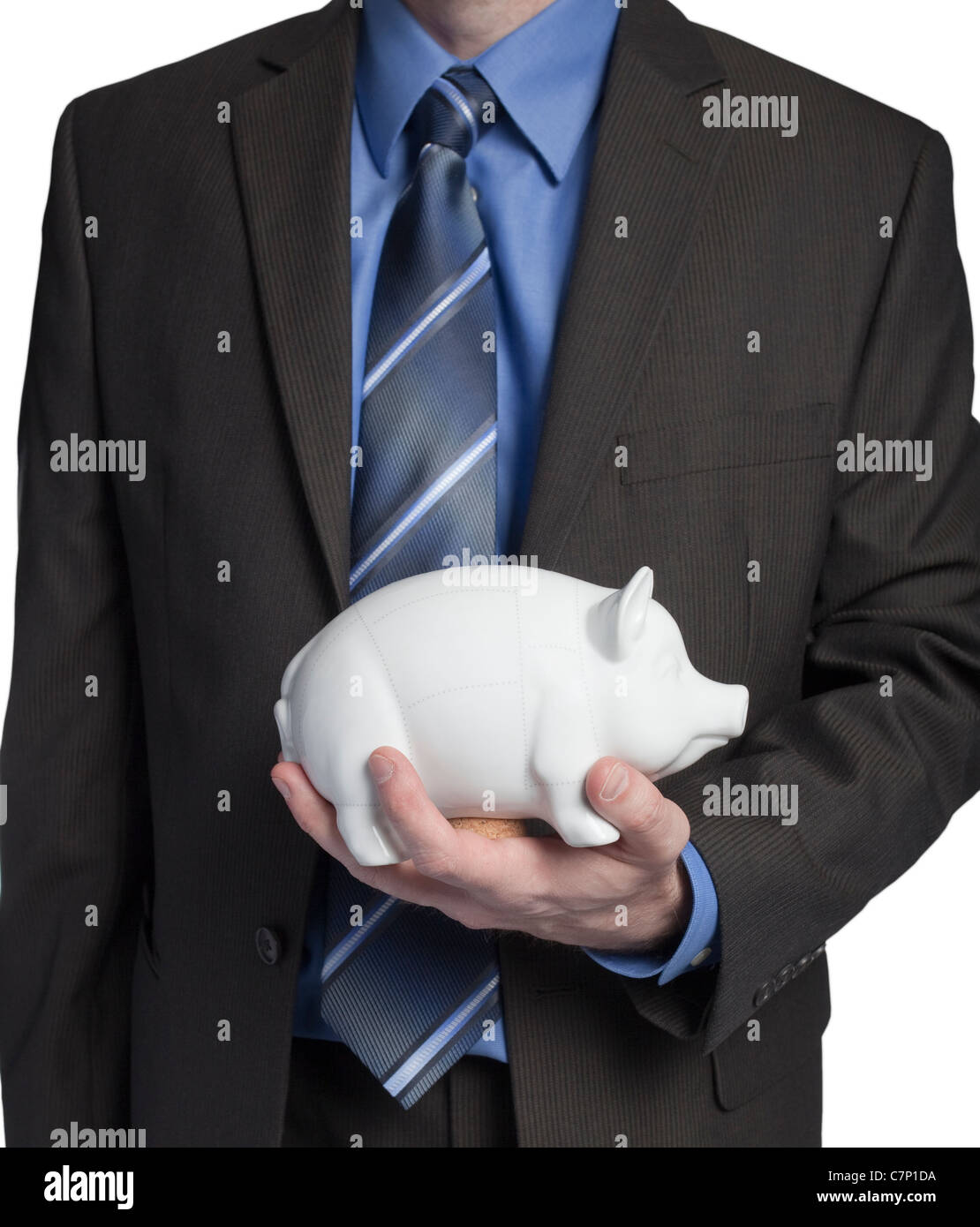 business man in suit and neck tie holding a white piggy bank Stock ...
