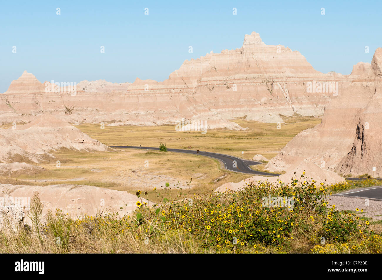 The Badlands Loop Road passes through scenic formations in Badlands National Park in South