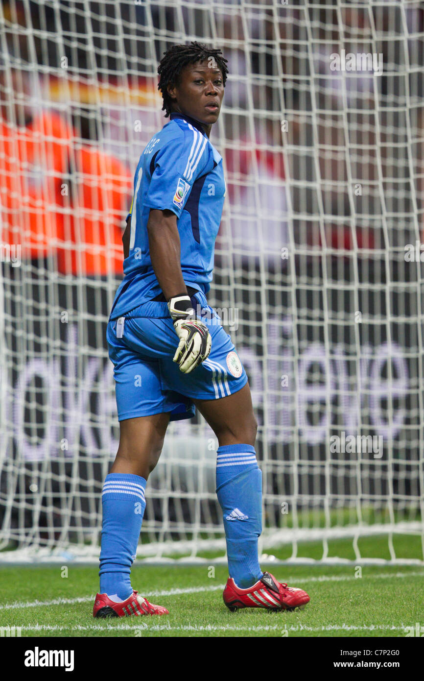 Nigeria team captain and goalkeeper Precious Dede in action during a 2011 Women's World Cup Group A match against Germany. Stock Photo