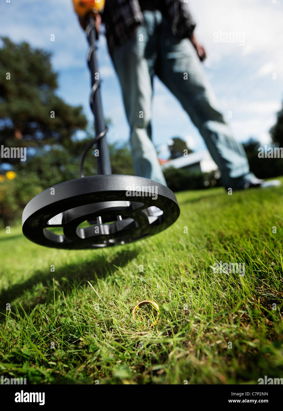 Man finding a gold ring in grass using a metal detector. Stock Photo