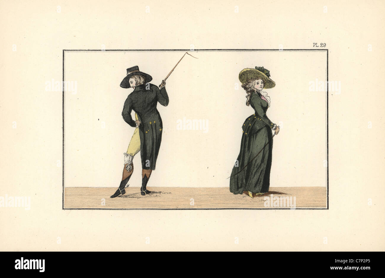 Woman in bottle-green petticoat and felt hat. Man in riding coat of the colour of London-chimney soot. Stock Photo