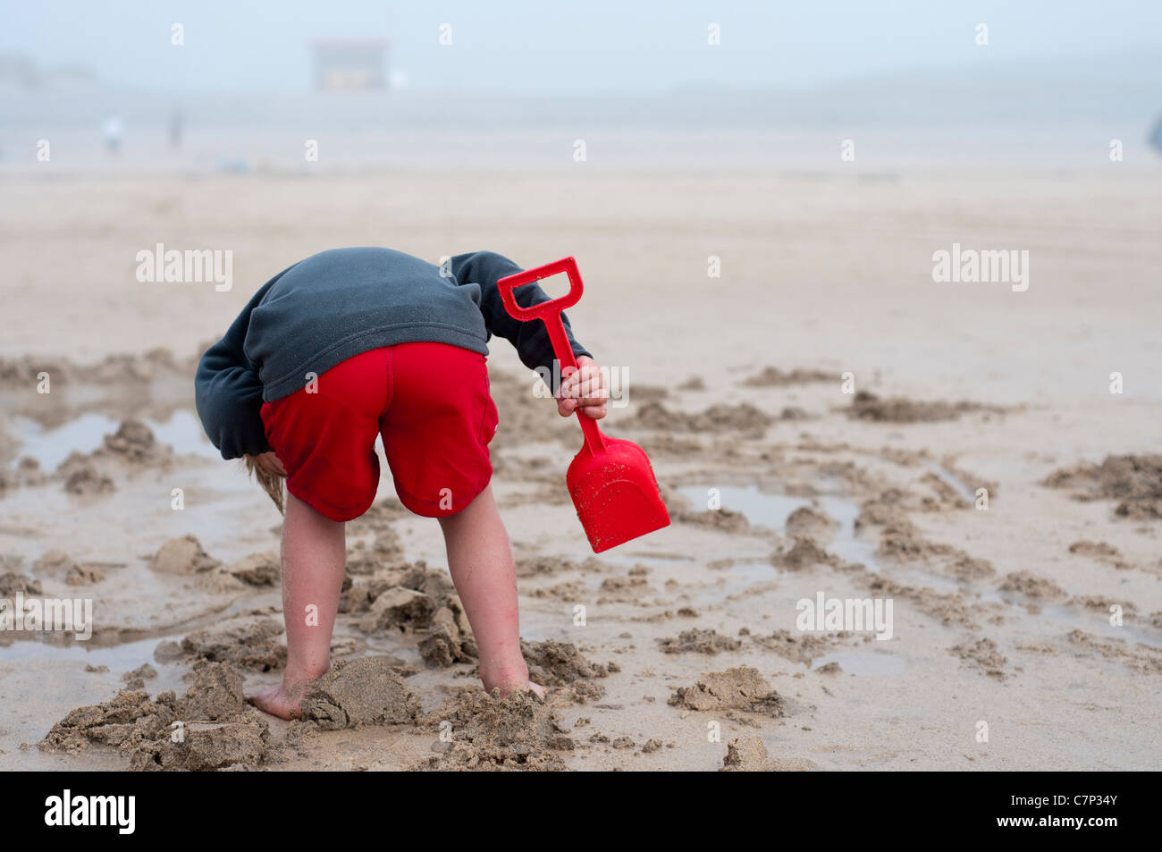 Back view of boy in red shorts with red spade playing in the sand on ...
