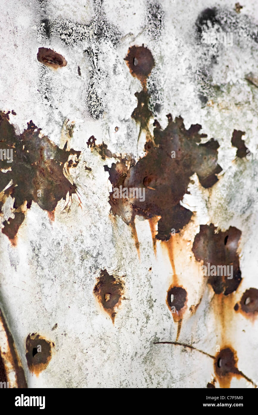 Closeup of rusted metal with chipped paint and bullet holes. Stock Photo