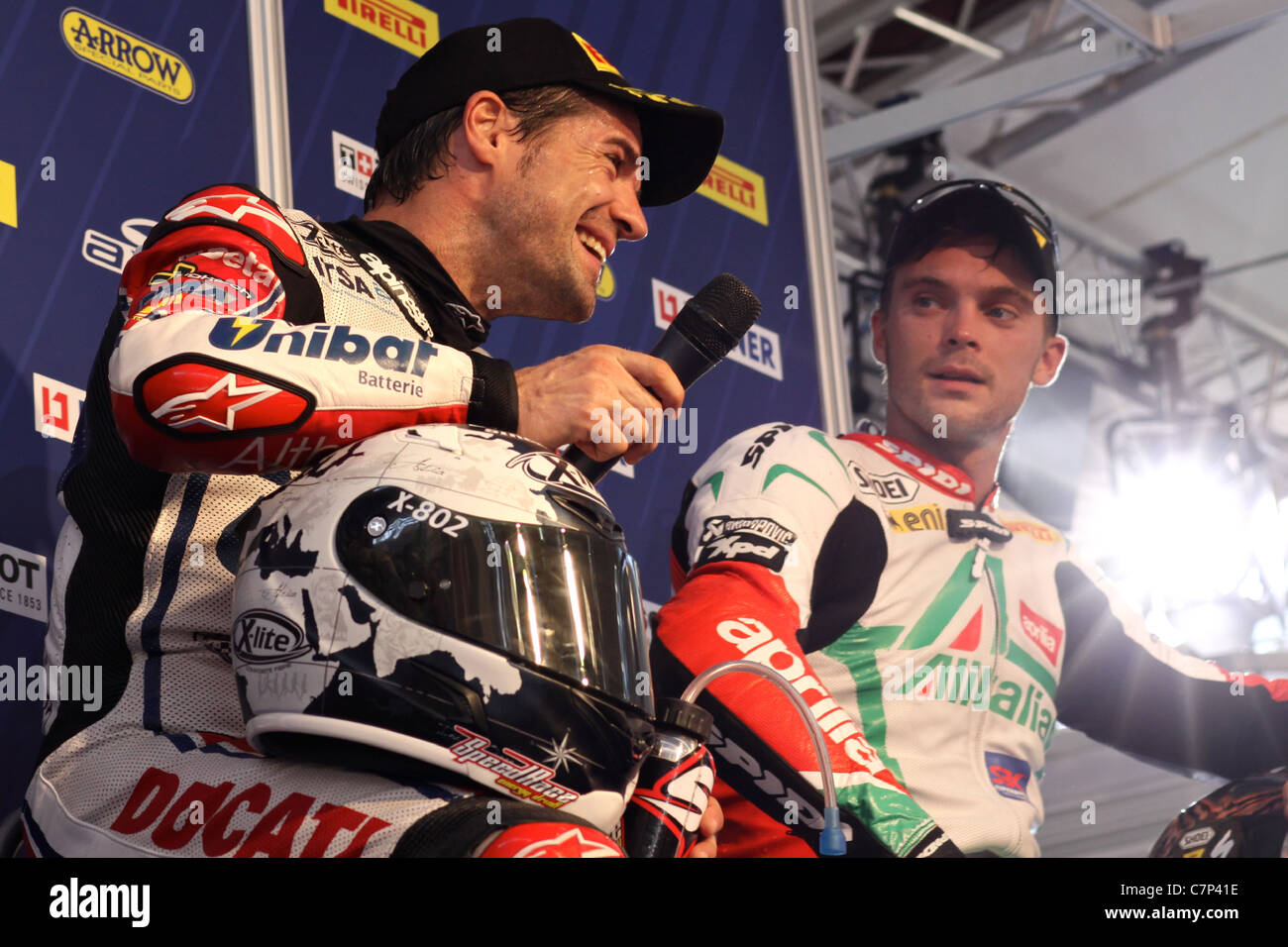 IMOLA - IT - SBK World Championship - Carlos Checa (Ducati) & Leon camier (Aprilia) Stock Photo