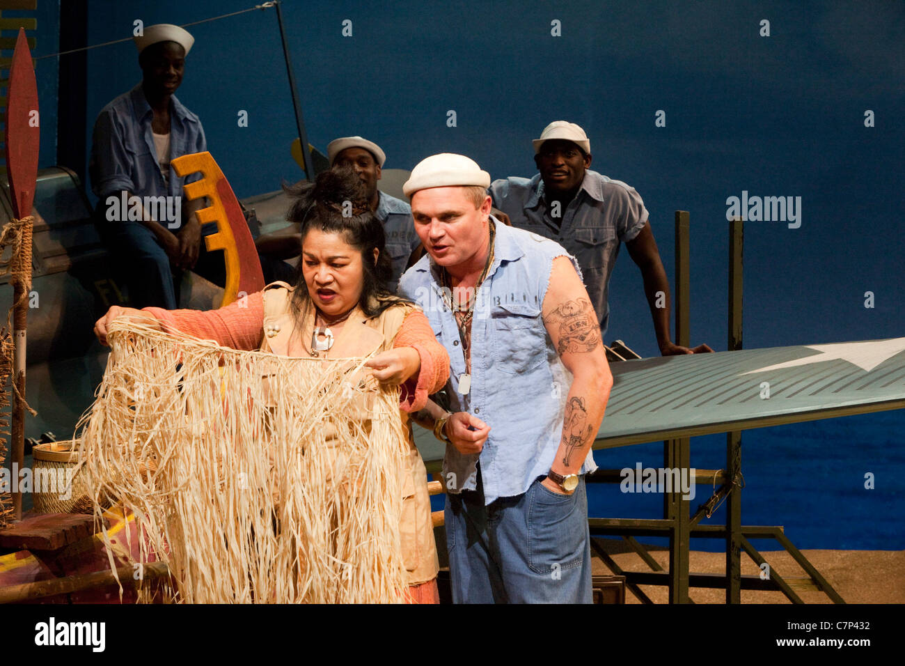 Loretta Ables Sayre as Bloody Mary and Alex Ferns as Luther Billis, South Pacific Musical at the Barbican, London Stock Photo