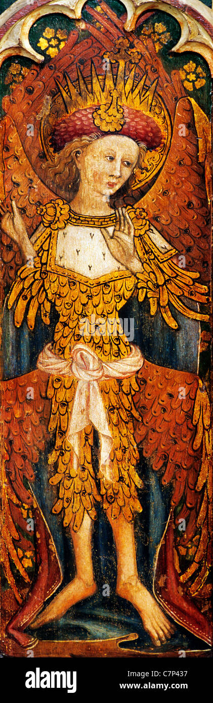 Barton Turf, Norfolk, rood screen, Cherubim, one of the Nine Orders of Angels, Superior Hierarchy, gold plumage covered with eye Stock Photo