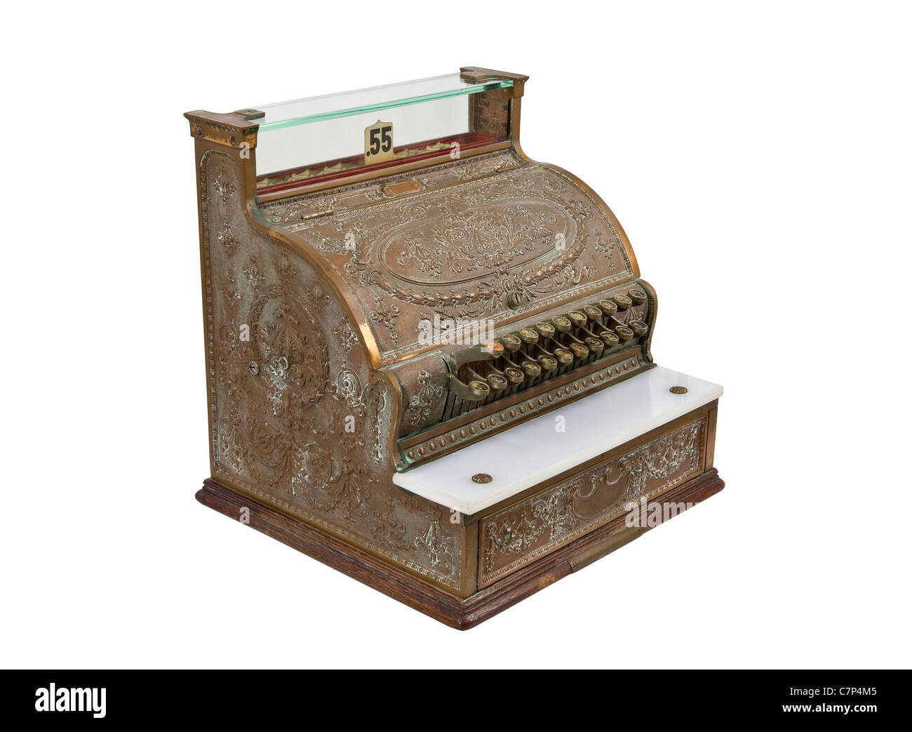 Vintage bronze cash register isolated on white. Stock Photo