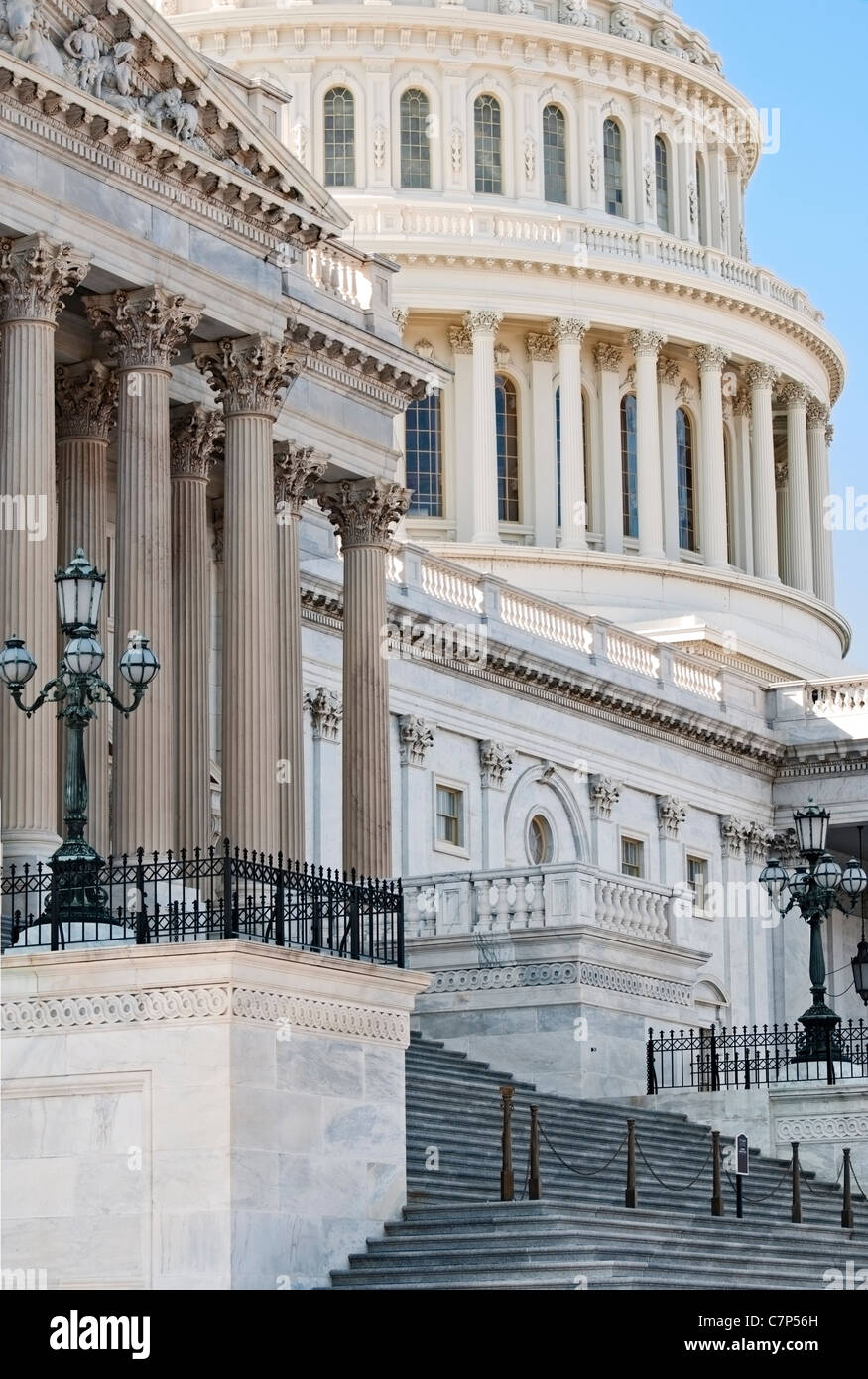 A partial exterior view of the US Capitol Building with columns, east wing view Stock Photo