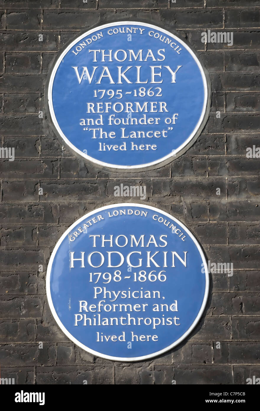 blue plaques marking homes of thomas wakley and thomas hodgkin, bedford square, london, england Stock Photo