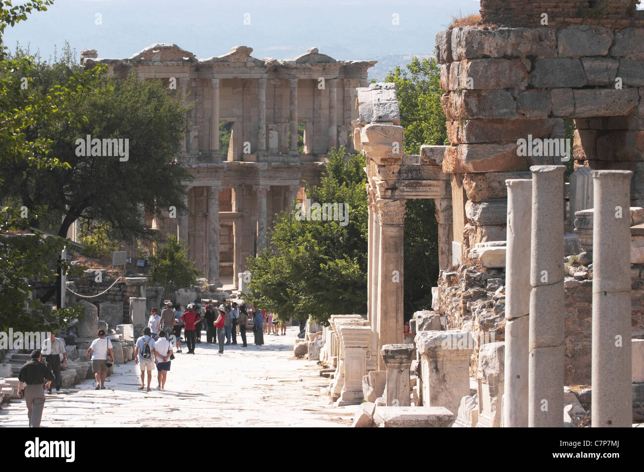 Mrble Street with columns and the Celsius Library in the ancient greek roman city Ephesus in the Izmir Province, Turkey. Stock Photo