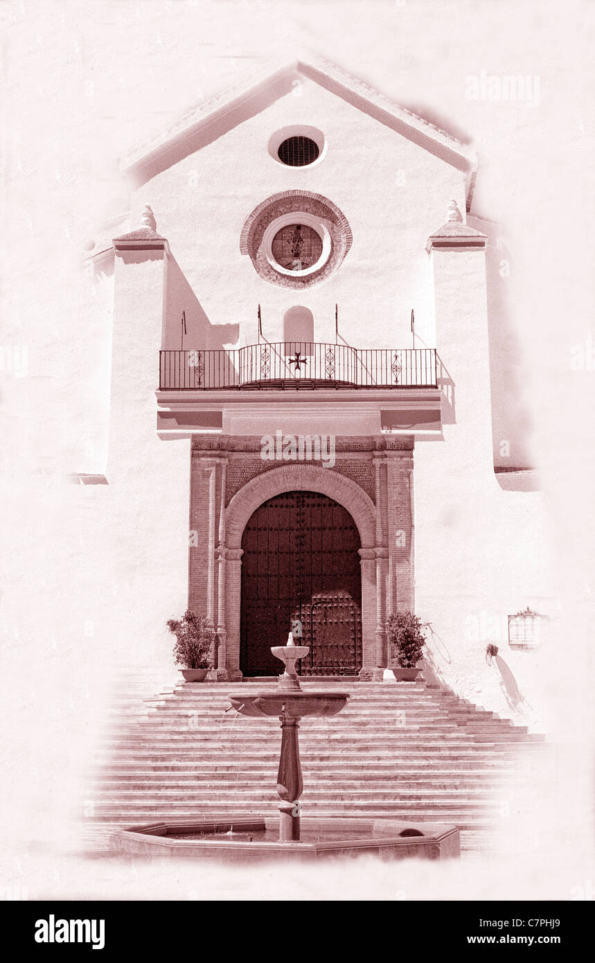 Andalusian church front in village of Alozaina Malaga Province Andalucia /Andalusia. Reworked in photoshop Stock Photo