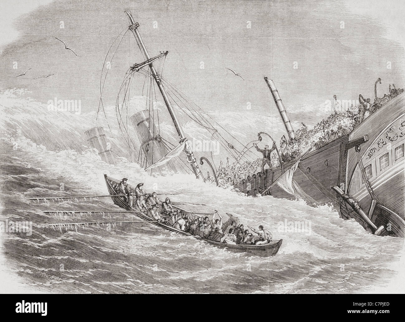 The sinking of The SS London during stormy weather in the Bay of Biscay in  1864. Stock Photo