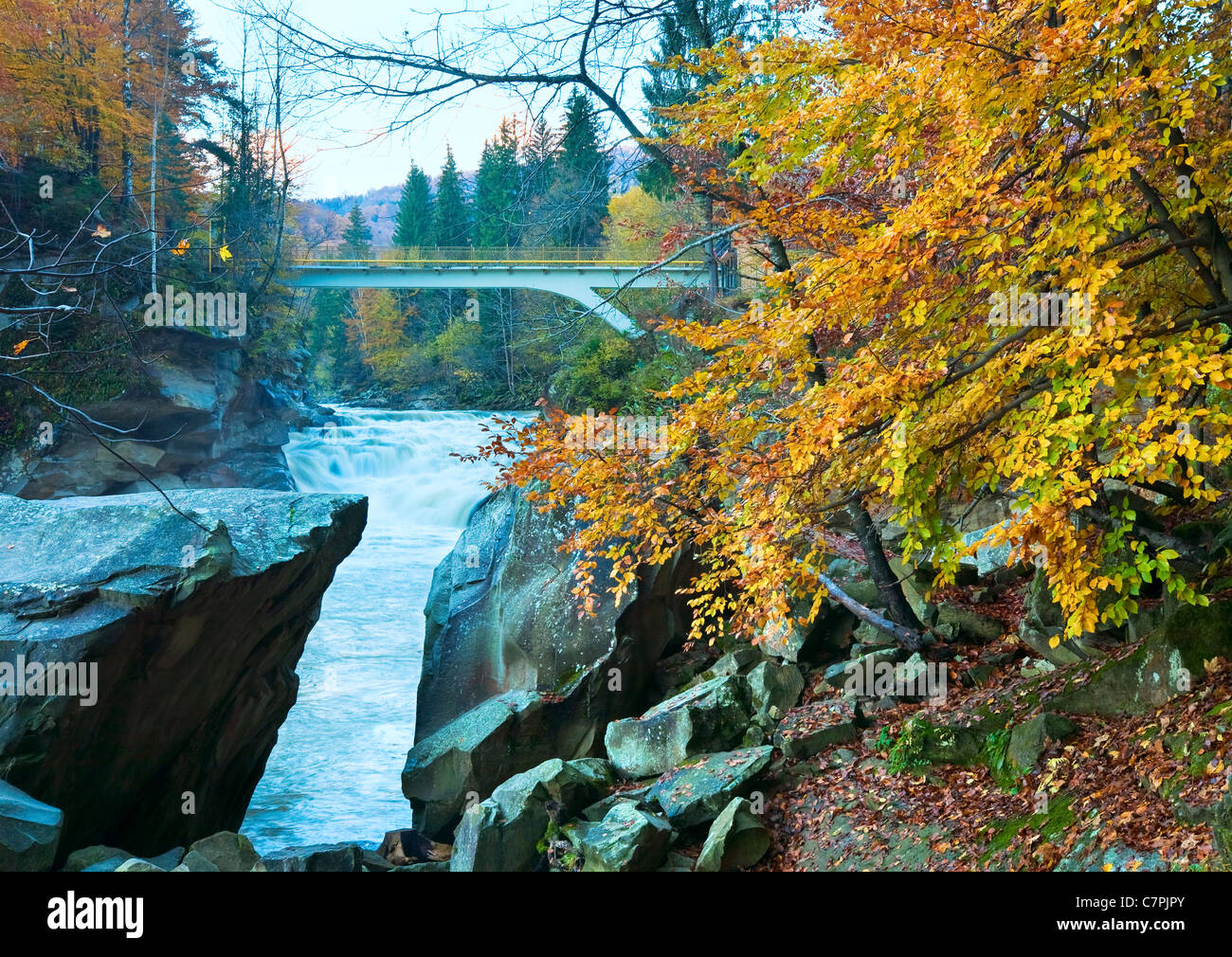Muddy waterfall on autumn mountain Prut river (Yaremcha, Ukraine) Stock Photo