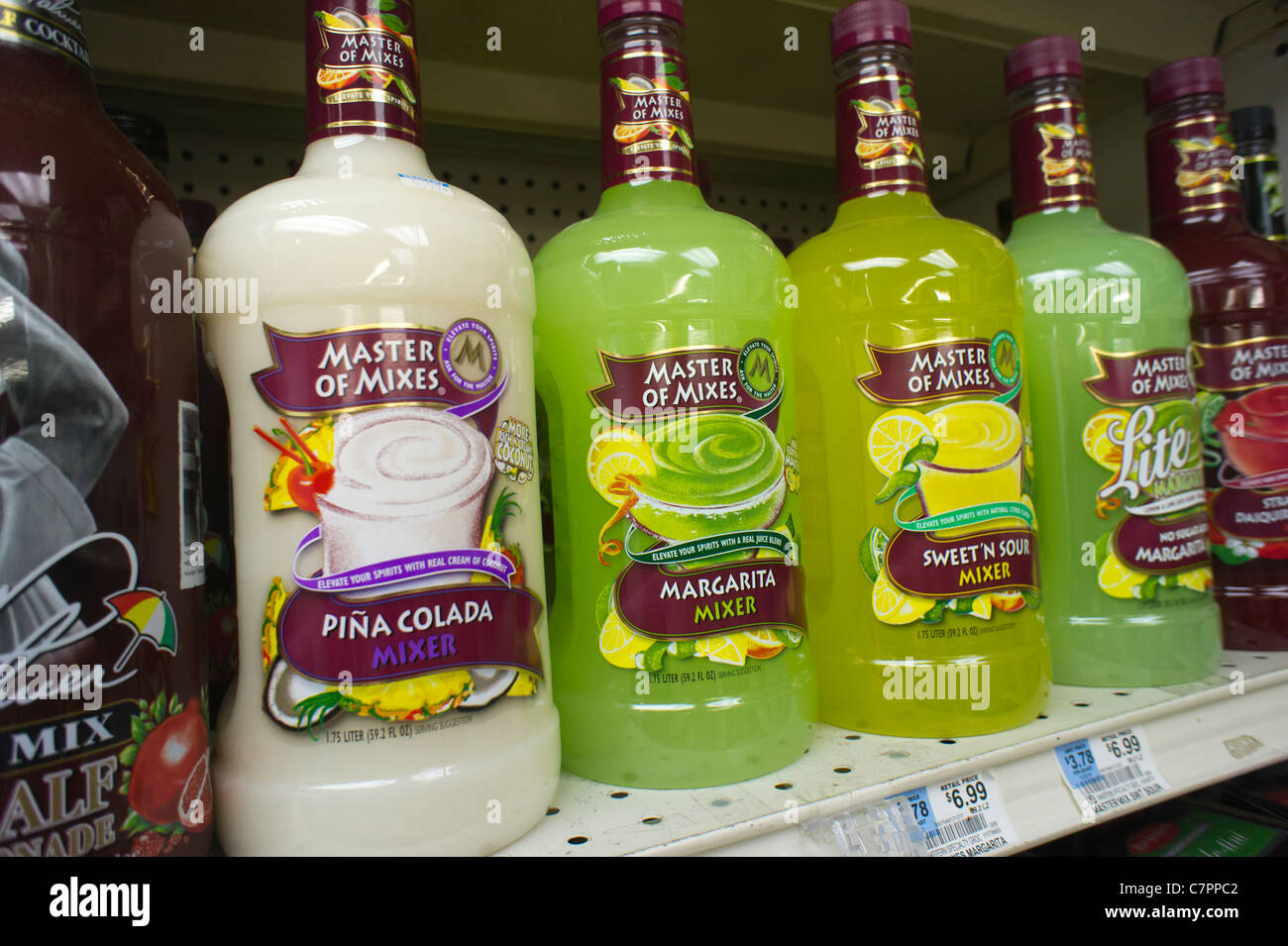 Bottles of pre-made cocktail mixes are seen on a supermarket shelf in New York Stock Photo