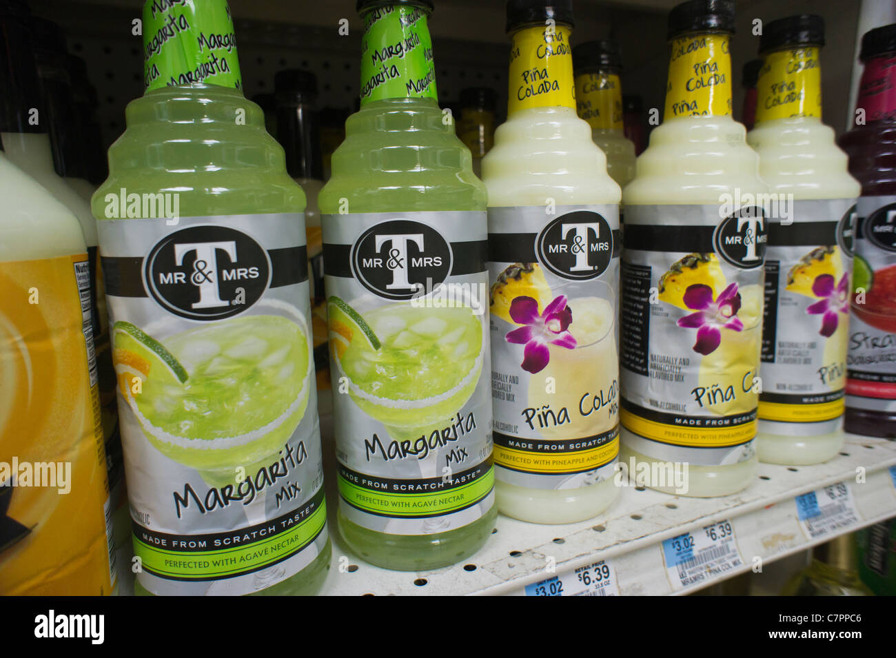 Bottles of premade cocktail mixes are seen on a supermarket shelf in New York Stock Photo