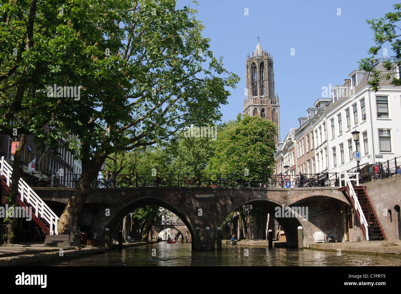 Canal with bridge and Dom Tower in Utrecht, The Netherlands Stock Photo
