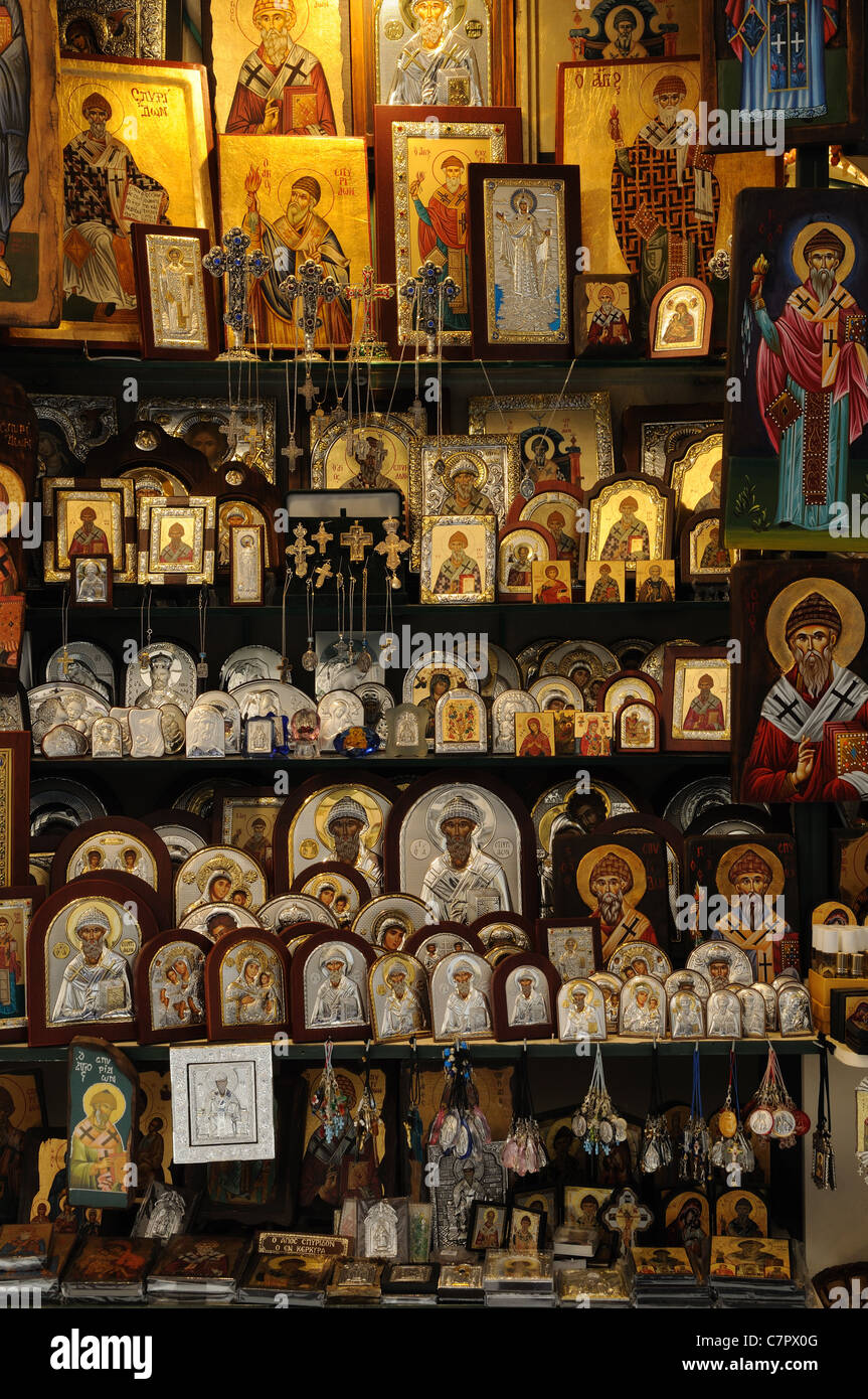 Greek Orthodox Religious Icons for sale outside Agios Spyridon Church Corfu Old Town Greece Stock Photo