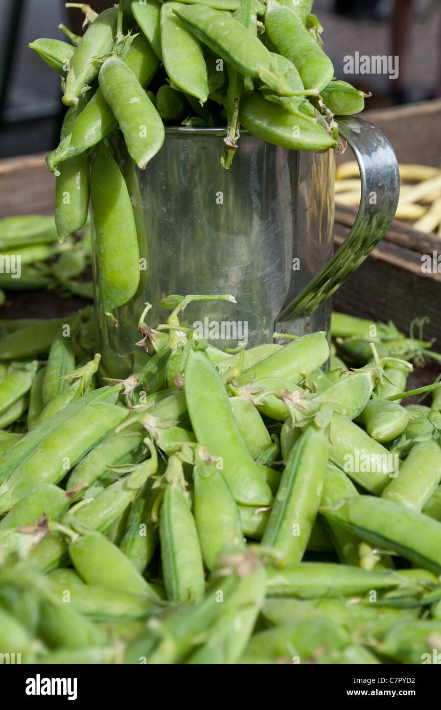 Peas in pods and measuring cup Stock Photo