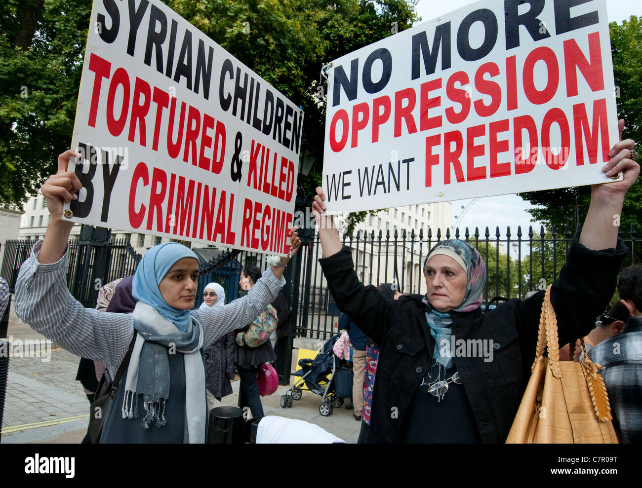 Syrians protesting for regime change at Downing Street Central London September 2011 Stock Photo