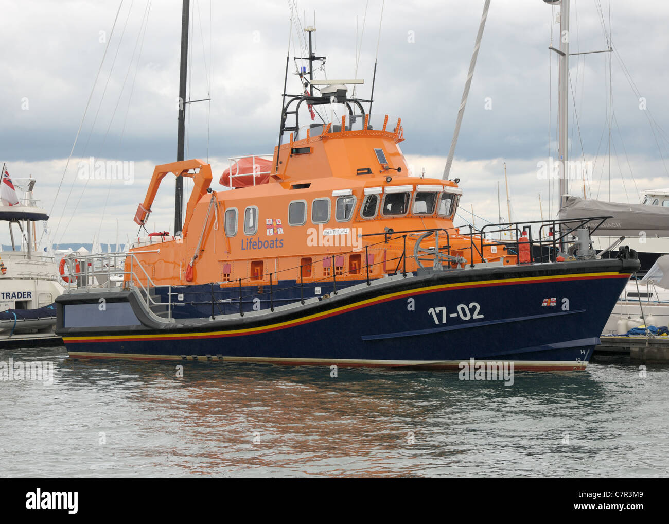An ocean going lifeboat alongside the harbor, Cowes, Isle of Wight Stock Photo