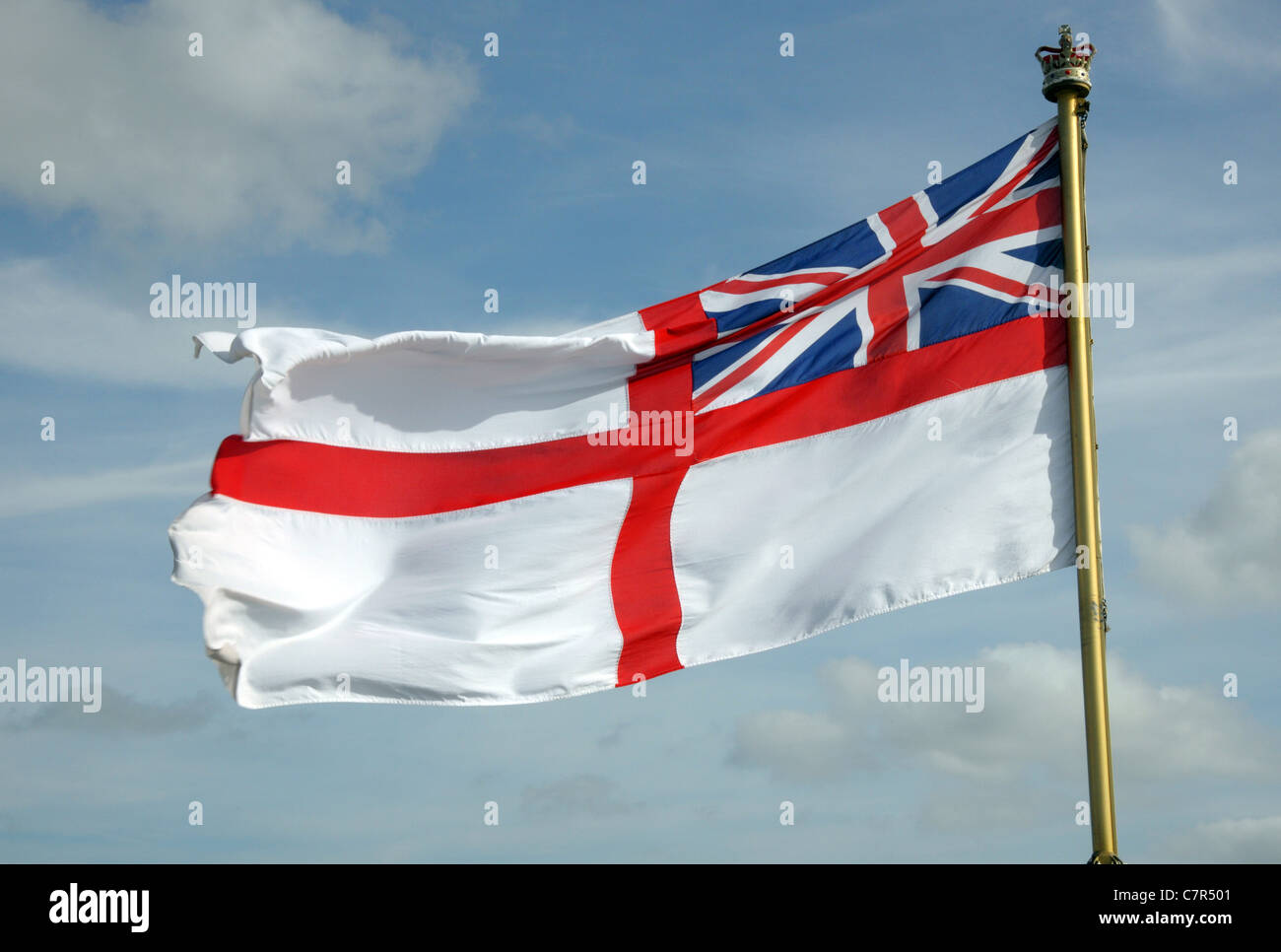The Royal Navy White Ensign as flown from all Royal Navy warships. Stock Photo