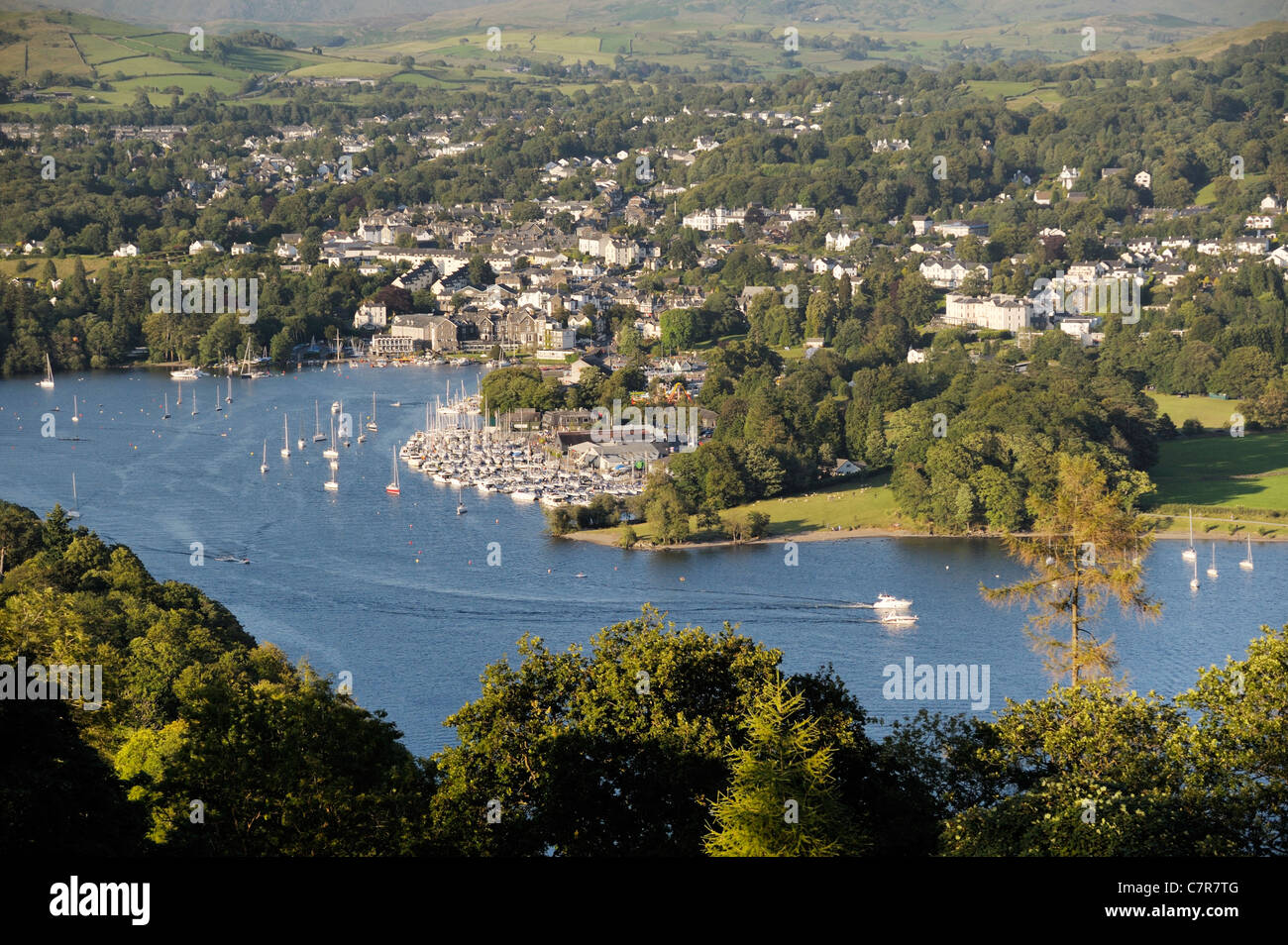 Windermere. Lake District National Park, Cumbria, England. N.E. over Bowness on Windermere boat moorings from above Far Sawrey Stock Photo