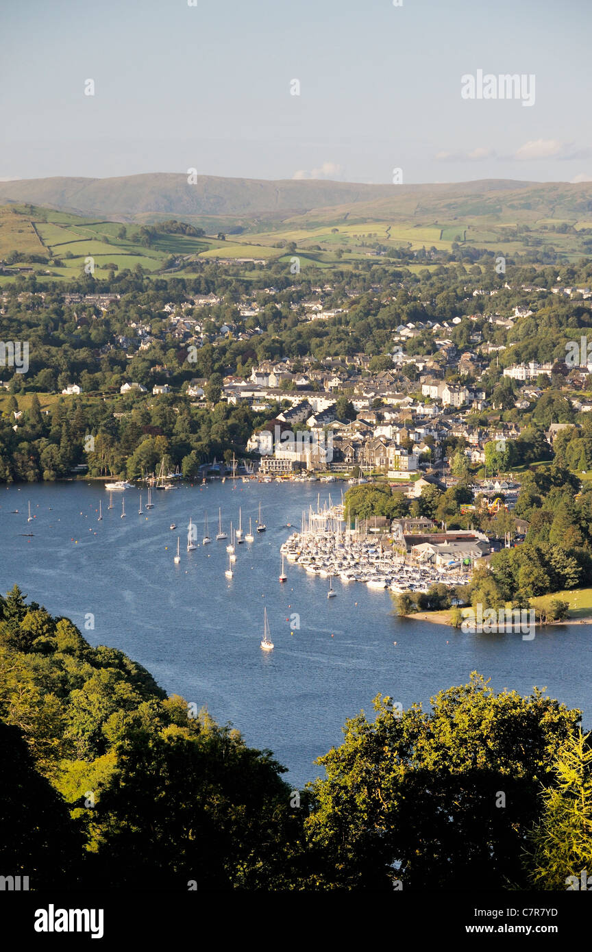 Windermere. Lake District National Park, Cumbria, England. N.E. over Bowness on Windermere boat moorings from above Far Sawrey Stock Photo