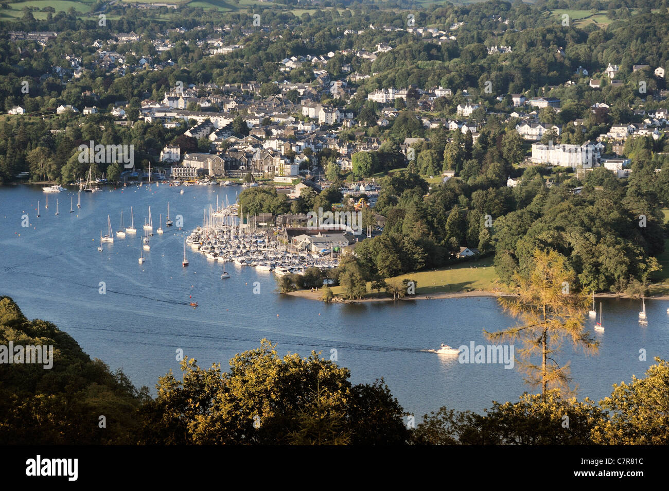 Windermere. Lake District National Park, Cumbria, England. N.E. over Bowness on Windermere boat moorings from above Far Sawrey Stock Photo