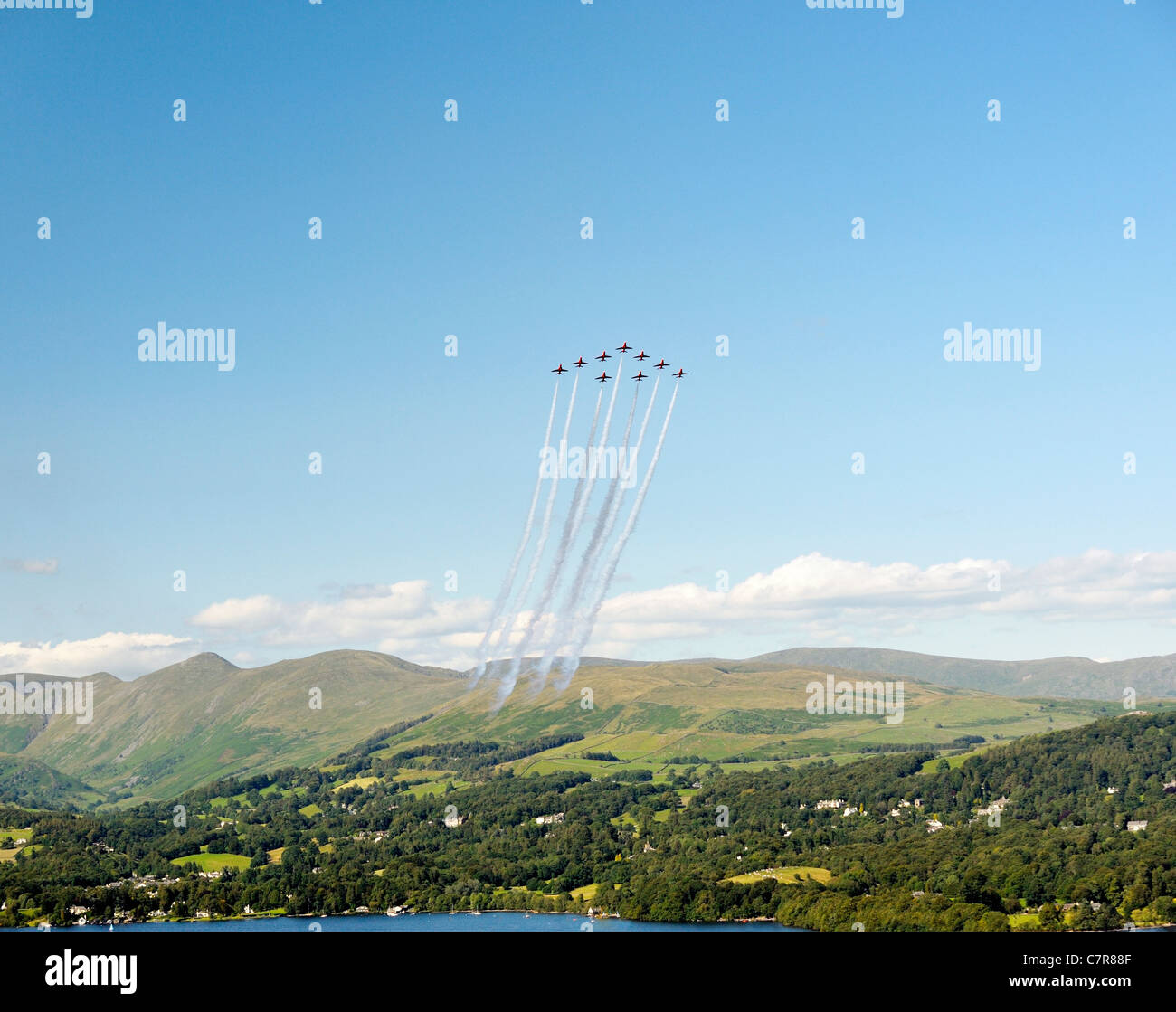 Red Arrows Royal Air Force Aerobatic Team climbing in Big Vixen formation above the Troutbeck fells. Windermere Air Festival, UK Stock Photo
