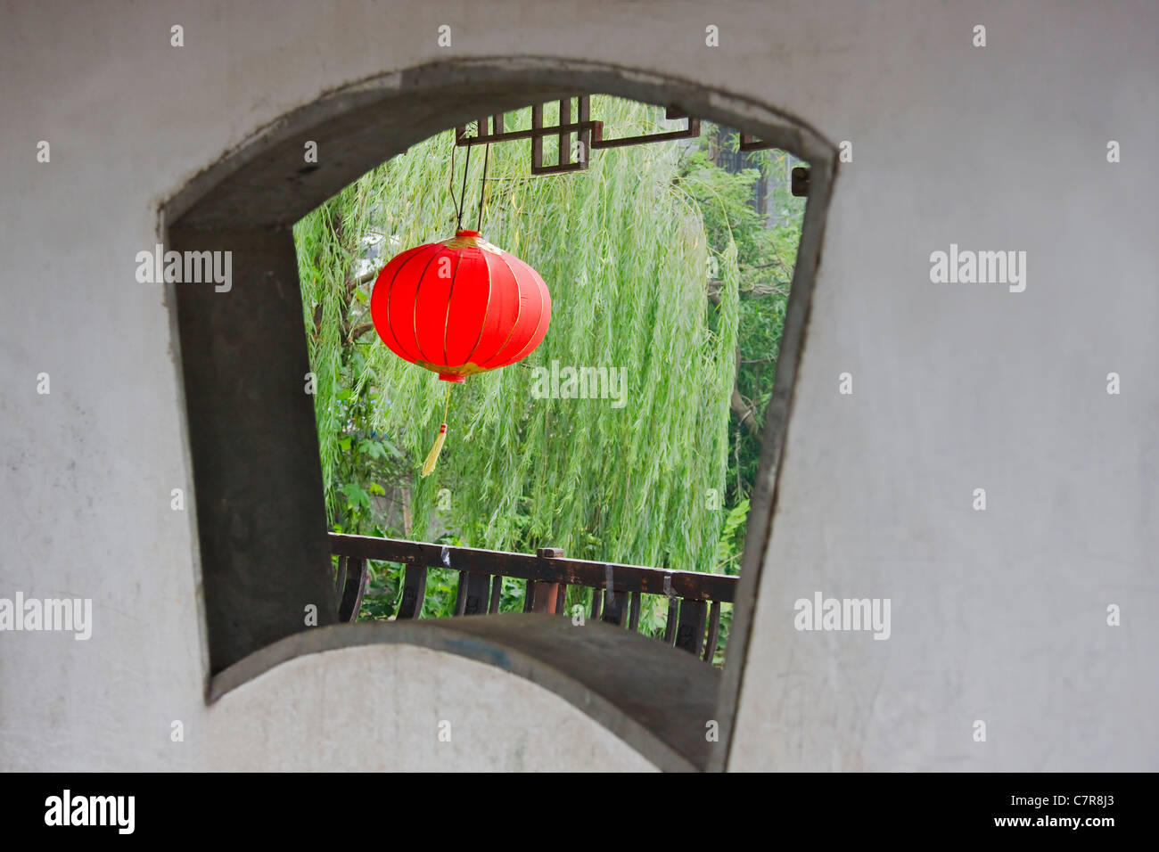 Window and red lantern in the long corridor along the Grand Canal, Xitang, Zhejiang Province, China Stock Photo