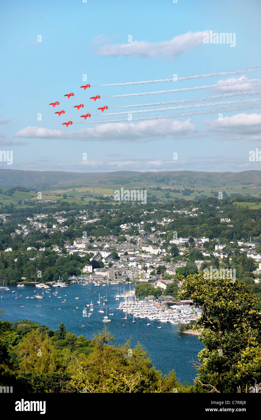 Red Arrows Royal Air Force Aerobatic Team fly their Diamond Nine trademark formation above Bowness. Windermere Air Festival, UK Stock Photo