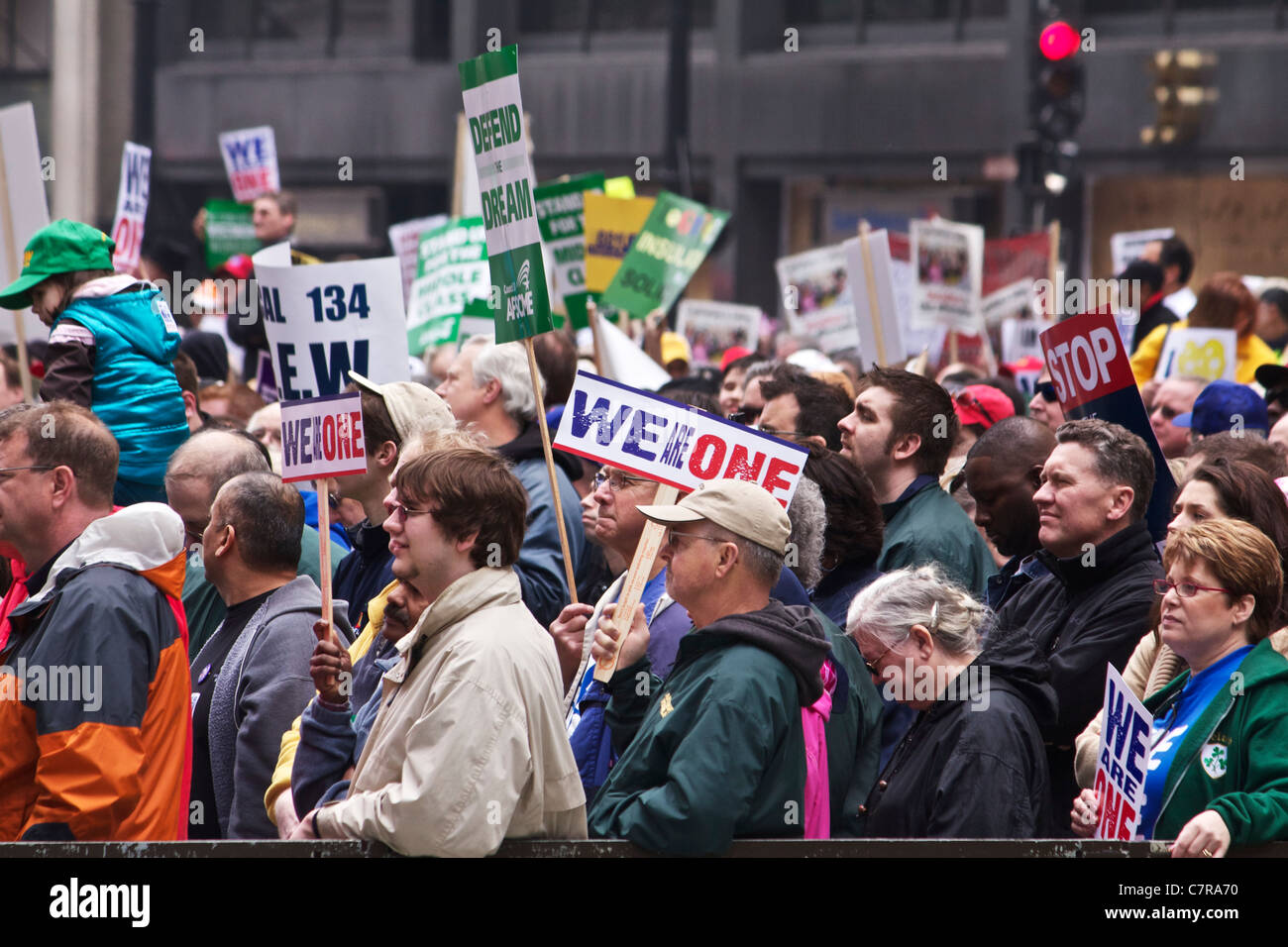 Union supporters demonstrating at Daley Center Plaza, Chicago, Illinois. Stock Photo