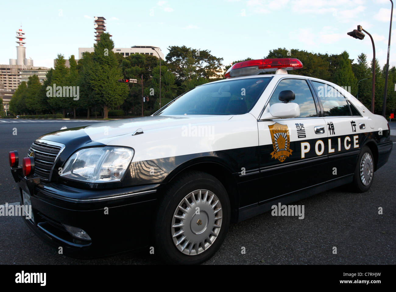 TOKYO - SEPTEMBER 23: Close-up of a Japanese police car on September 23, 2011 in Tokyo. Stock Photo