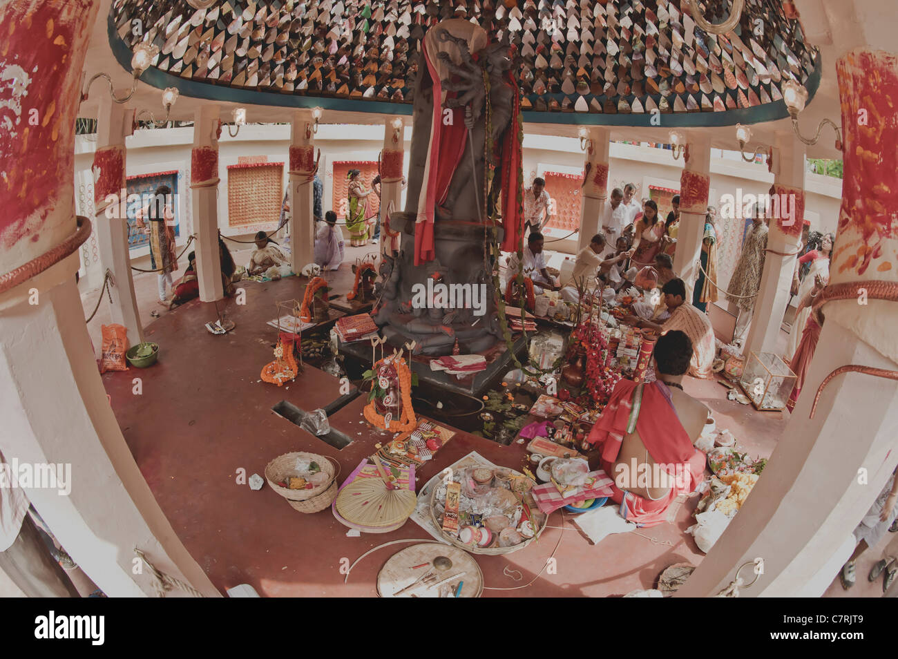 Durga worship rituals performed,under, umbrella,pavilion. Stock Photo