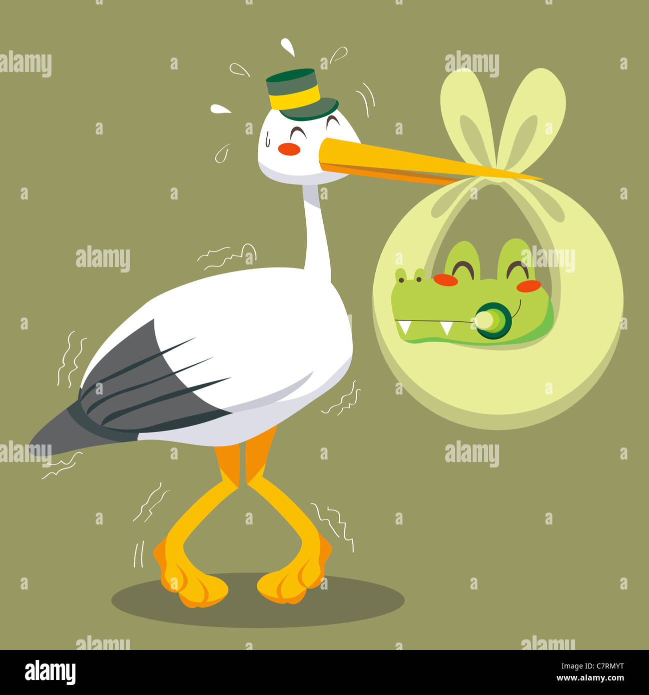 Scared stork delivering a newborn baby crocodile on a green blanket Stock Photo