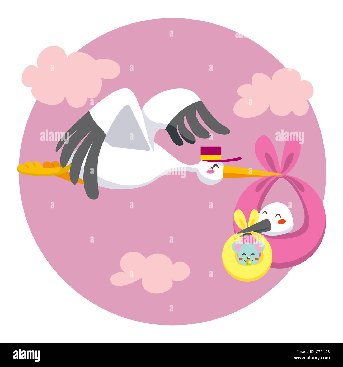 Stork flying delivering a newborn baby stork that carries a little baby mouse for delivery Stock Photo