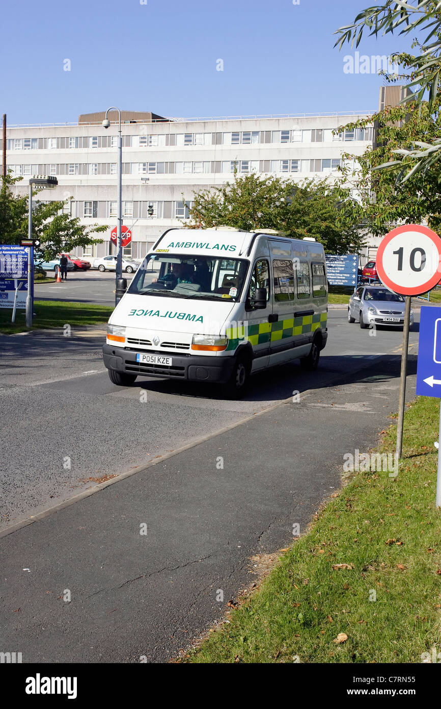 An ambulance leaving Glan Clwyd District General Hospital, Bodelwyddan, North Wales Stock Photo