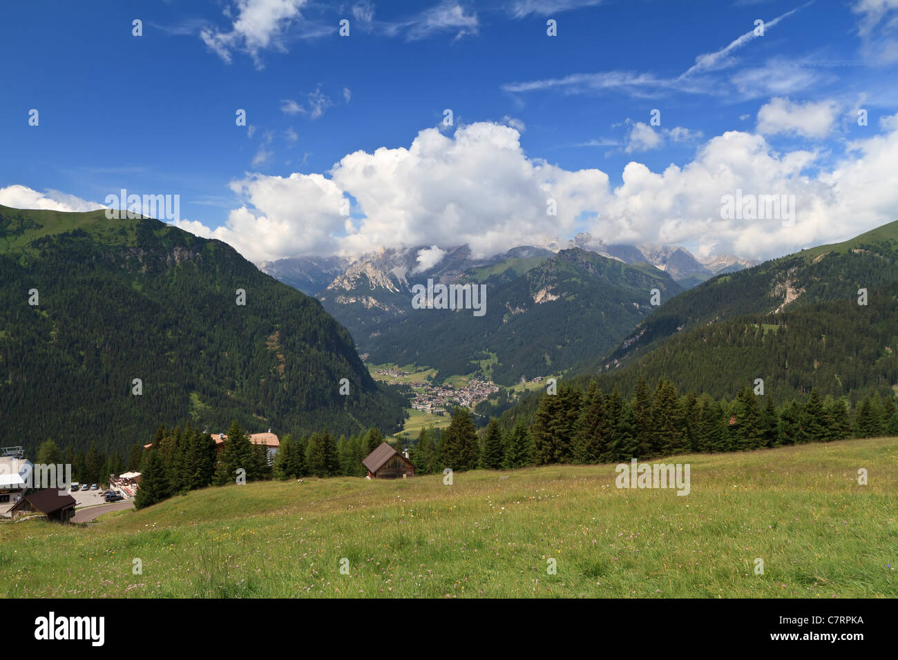 aerial view of Fassa valley with Campitello village on summer. Trentino, Italy Stock Photo